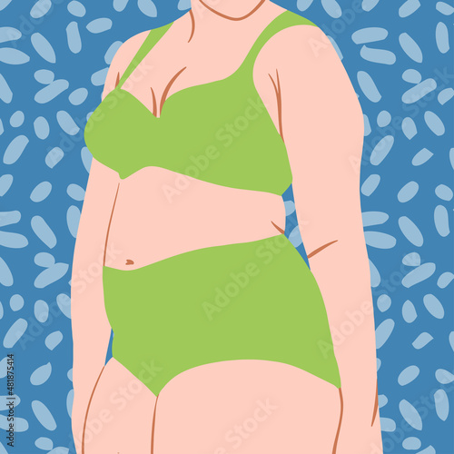 Plus size curvy Women in swimsuit, beach underwear, underwear. Concept of Love and self acceptance. Body positive, fat acceptance movement. Hand drawn Vector illustration