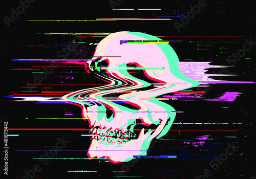 Vector illustration of digital glitch skull in rgb mode offset.