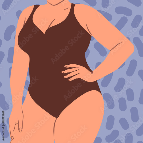 Plus size curvy Women in swimsuit, beach underwear, underwear. Concept of Love and self acceptance. Body positive, fat acceptance movement. Hand drawn Vector illustration