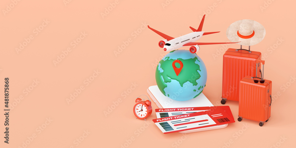 Fototapeta premium Flight booking, buy ticket or checkin application on smartphone 3d illustration