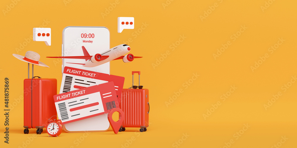 Flight booking, buy ticket or checkin application on smartphone 3d illustration - obrazy, fototapety, plakaty 