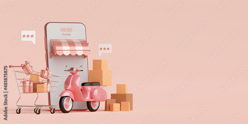 Delivery service on mobile application, Transportation delivery by scooter, 3d rendering Delivery service on mobile application, Transportation delivery by scooter, 3d rendering