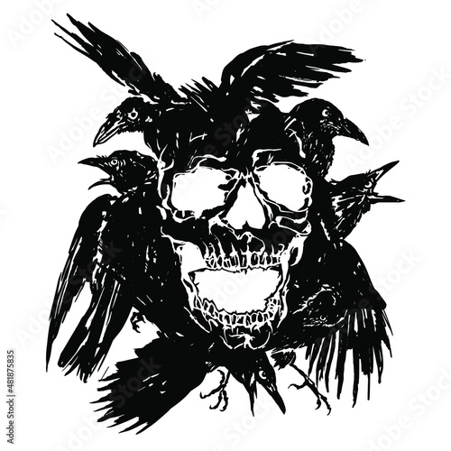 Vector illustration of hand drawn black crows with a negative white skull inside them.