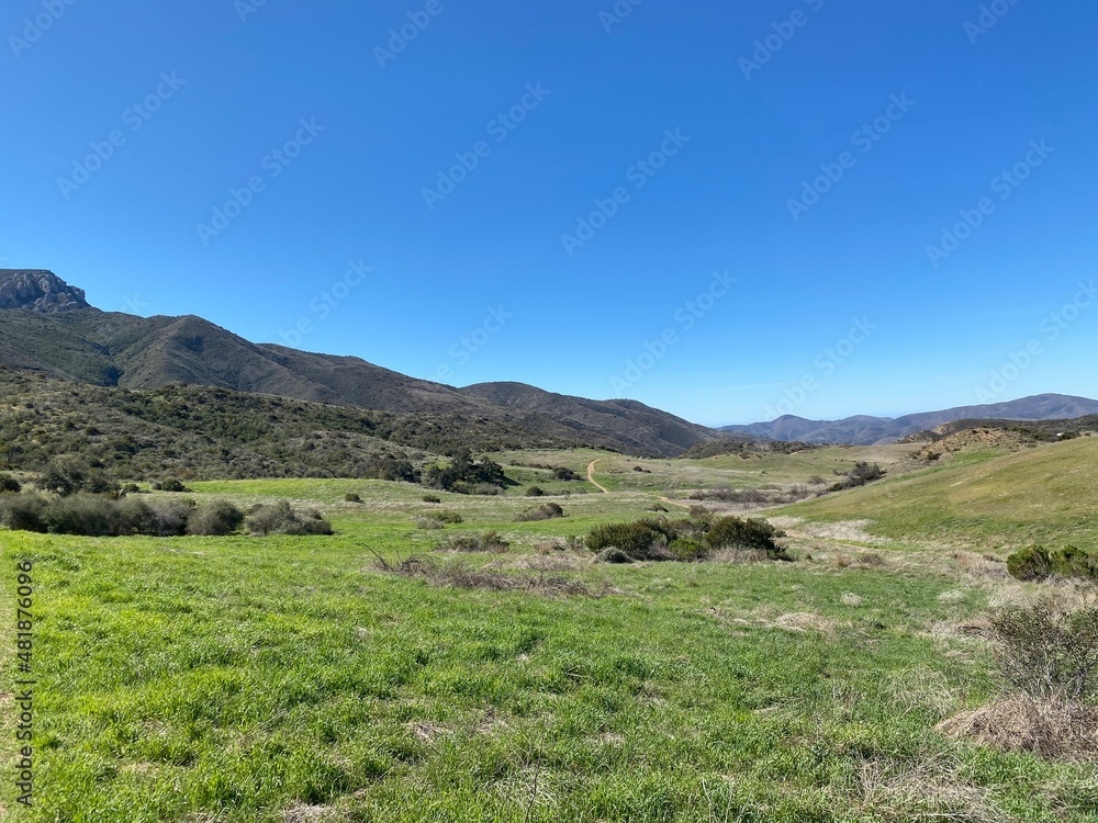 View across grasslands to Santa Monica Mountains near Newbury Park, California