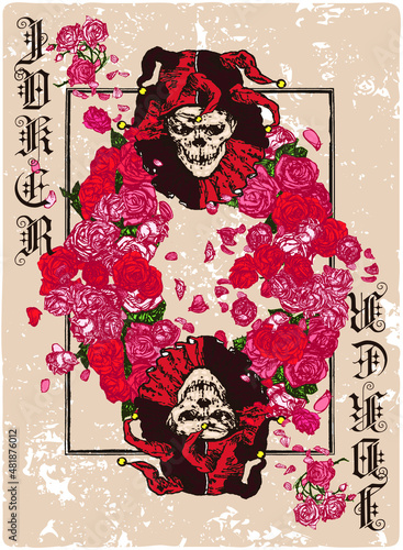 Joker jester playing card with wreath of red and pink roses with falling petals. Vintage style vector illustration.