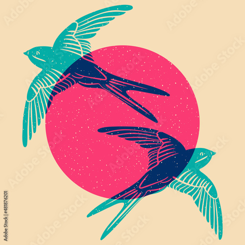 Two swallows in sky flying towards the sun. Colorful cute screen printing effect. Riso print effect. Vector illustration. Graphic element  for fabric, textile, clothing, wrapping paper, wallpaper