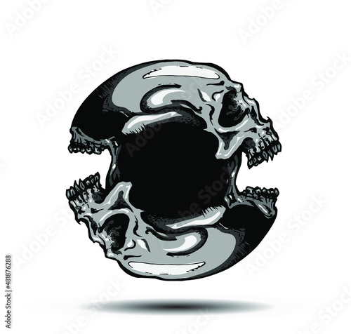 Two faces circular screaming skull. Vector hand drawn illustration.
