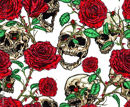 Seamless vector pattern of skulls and red roses with stems, leaves, buds and thorns tangled on white background.