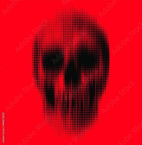 Vector dot halftone vertical motion blur smear scary skull isolated on red background.