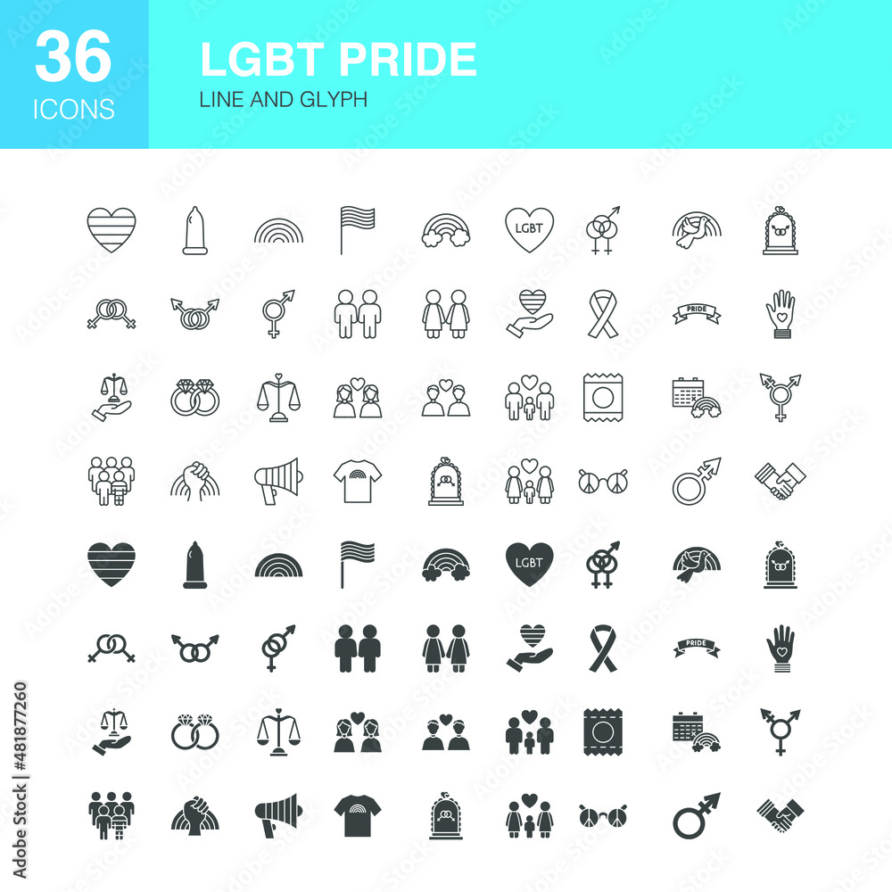 LGBT Pride Line Web Glyph Icons. Vector Illustration of Sex Gender  Outline and Flat Symbols. 