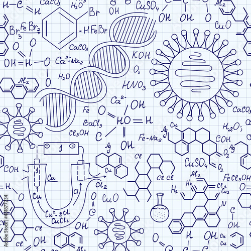 Scientific chemistry vector seamless pattern handwritten on grid paper with plots, formulas, dna strands and viruses