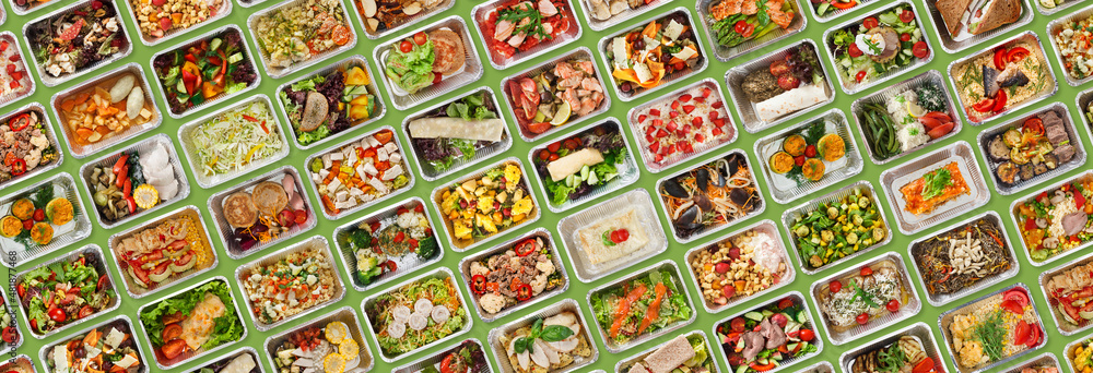 Creative Collage For Food Delivery Concept With Prepared Meals In Foil Containers