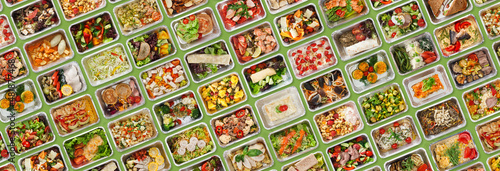 Creative Collage For Food Delivery Concept With Prepared Meals In Foil Containers