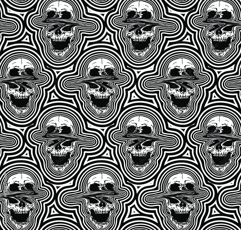 Vector seamless pattern in black and white of screaming glitched skulls with trippy outline rings on white background.