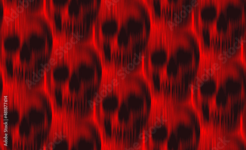 Vector seamless pattern of vertical motion blur smear black skull on red background