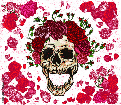 Vector illustration of shaded screaming skull with red roses crown wreath on white background framed by roses and falling petals in vintage style design.