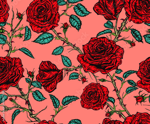 Seamless vector floral pattern of red roses with stems, leaves, buds and thorns  tangled on light orange background.
