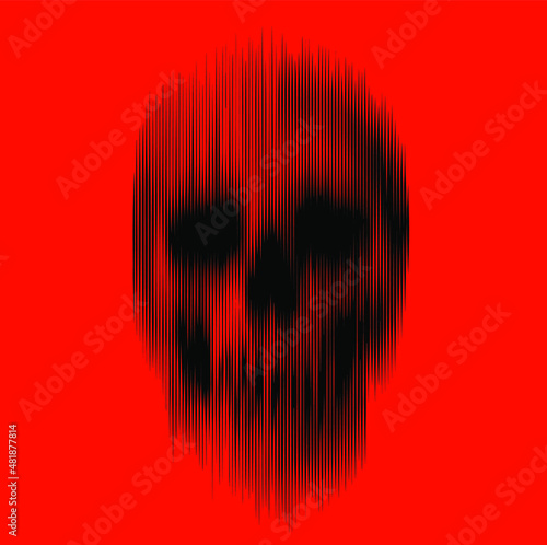 Vertical line halftone motion blur smear vector black skull isolated on red background. photo