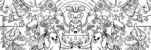 Big banner, poster, color page in doodle style. Vector line draw illustration.  For children's art, clothing design, wrapping paper, wallpaper, textiles