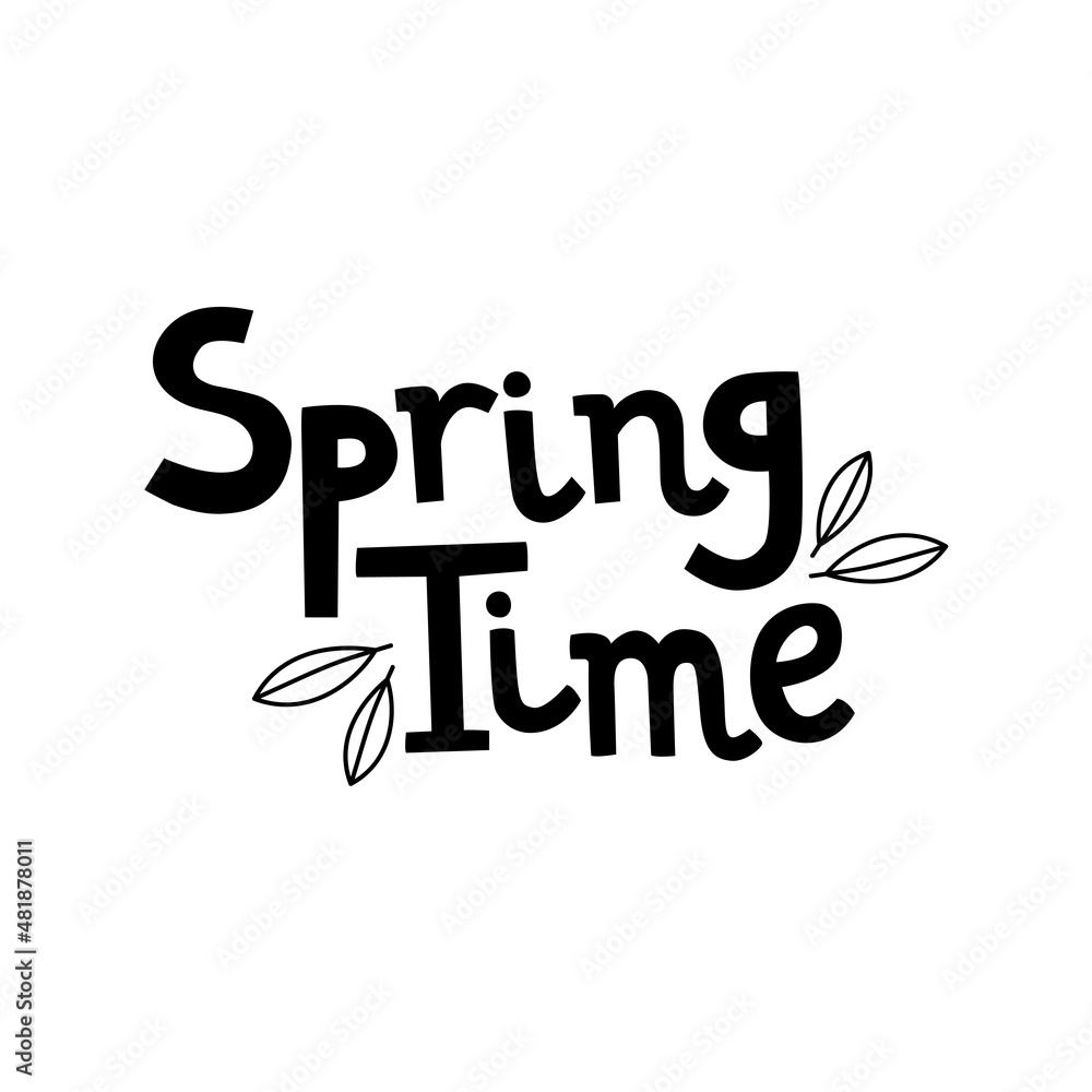 Hand drawn spring time lettering text. Lettering spring season with leaf for greeting card, invitation template, poster and banner. Hand drawn spring time lettering text. Lettering spring season with leaf for greeting card, invitation template, poster and banner.