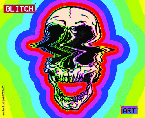 Glitch Art. Vector illustration of glitched psychedelic outlines skull with colorful trippy rainbow outlines growing bigger from the center on black background.