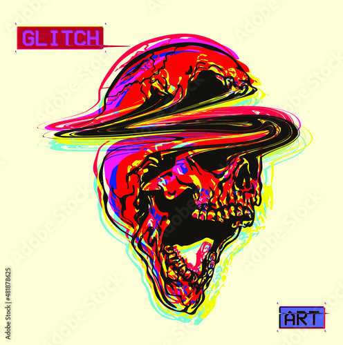 Vector flat minimalist illustration of red and color glitched line screaming skull in CMYK color mode offset in minimalist tattoo style.