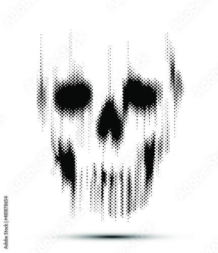 Vector dot halftone vertical motion blur smear scary skull on white background.