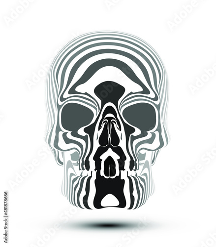 Vector illustration of human skull in greyscale and white stripes isolated on white background.
