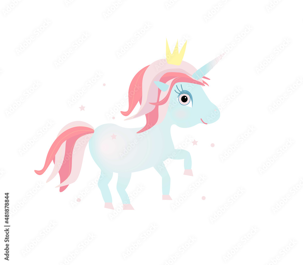 Unicorn children's cartoon print for clothes and accessories, illustration for postcards and albums.