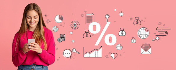 Smiling young lady checking smartphone on pink studio background. Collage with finance and economy icons