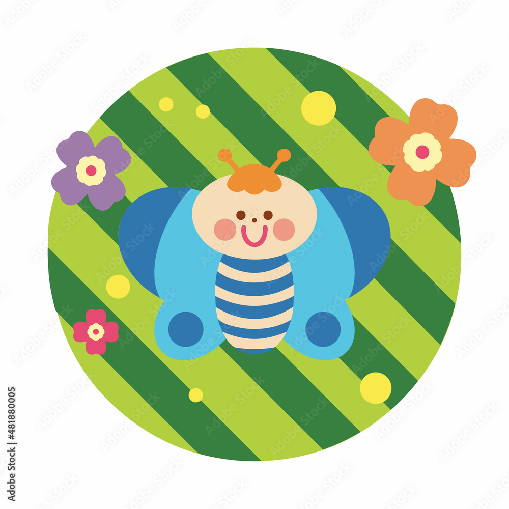 Fototapeta premium Cute childish illustration with butterfly and flowers on a striped background. Vector hand-drawn illustration. Great for kids clothing design, posters, wrapping paper, wallpaper.