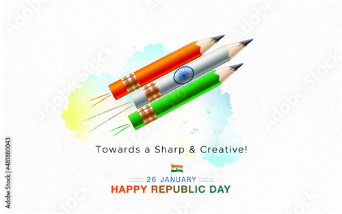 26 January Republic day of India. Vector illustration of pencil with indian tricolor flag and background