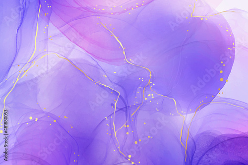 Violet lavender liquid watercolor marble background with golden lines. Pastel purple periwinkle alcohol ink drawing effect. Vector illustration design template for wedding invitation, menu, rsvp