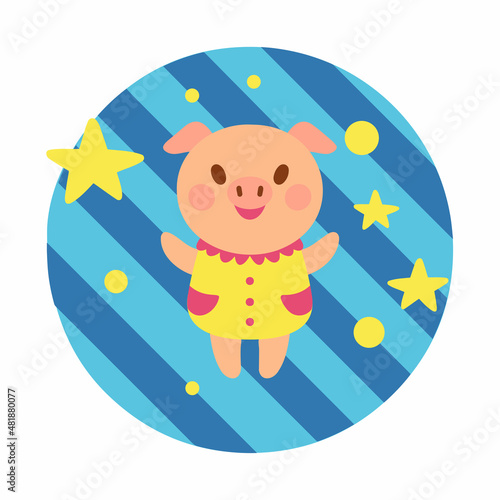 Cute childish illustration with pig, circles and stars on a striped background. Vector hand-drawn illustration. Great for kids clothing design, posters, wrapping paper, wallpaper.