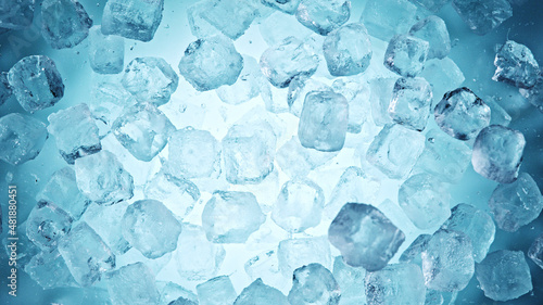 Crystal clear ice cubes background, top view