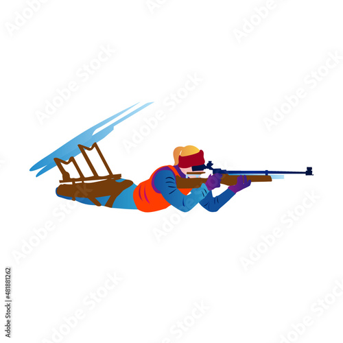 Cartoon illustration of an abstract faceless disabled woman on a sled. Biathlon