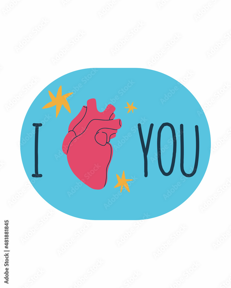 Pop art poster, sticker with the inscription I love you and a human heart. Poster, postcard, print. Happy Valentine's Day Pop art poster, sticker with the inscription I love you and a human heart. Poster, postcard, print. Happy Valentine's Day