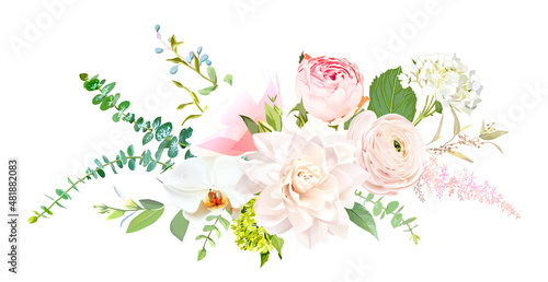 Pink garden roses, ranunculus, peony, allium, dahlia flowers vector design bouquet.