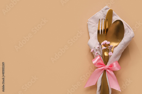 Stylish cutlery on beige background