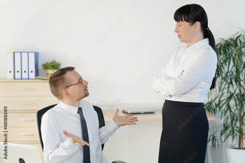 Fototapeta premium Chef sitzend, Sekretärin stehend, Diskussion