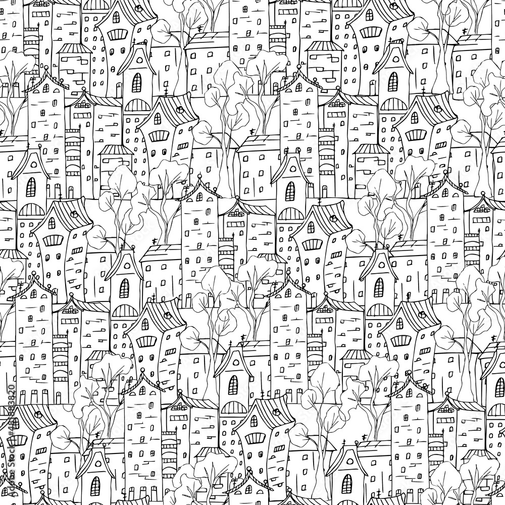 Drawn city, line art, seamless black and white background of hand drawn houses.