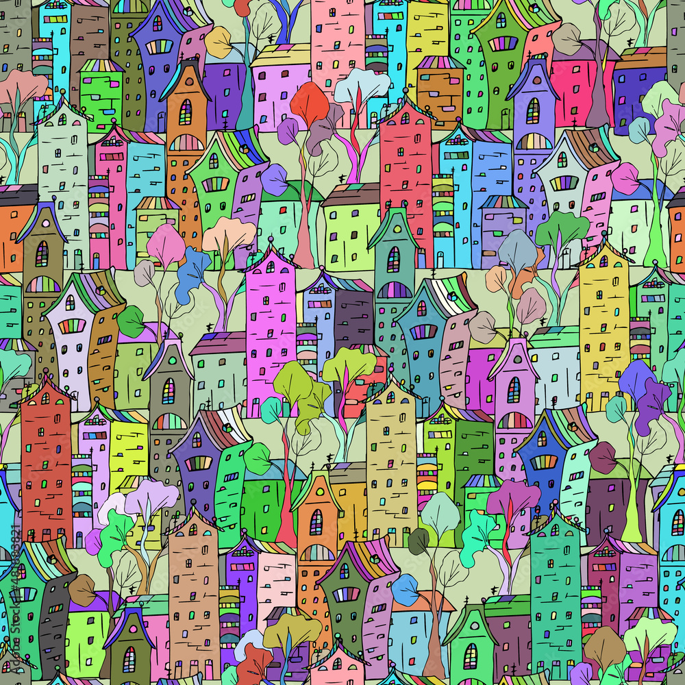 Multicolor houses seamless hand-drawn children's pattern. Cartoon city, vector illustration Multicolor houses seamless hand-drawn children's pattern. Cartoon city, vector illustration