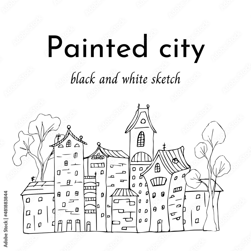 Black and white drawn city, outline houses hand-drawn ink carved on white, vector illustration.
