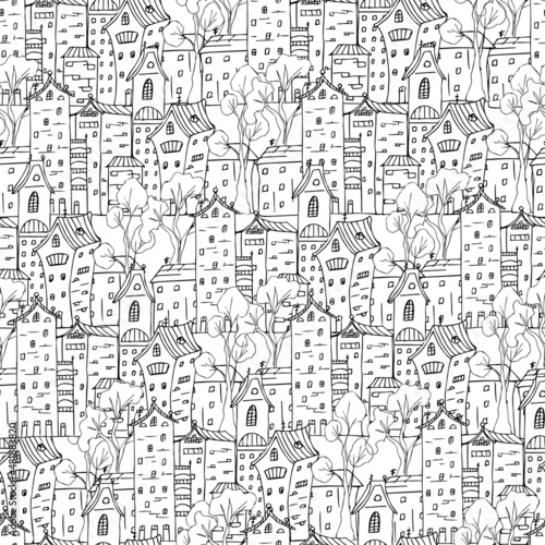 Drawn city, line art, seamless black and white background of hand drawn houses.