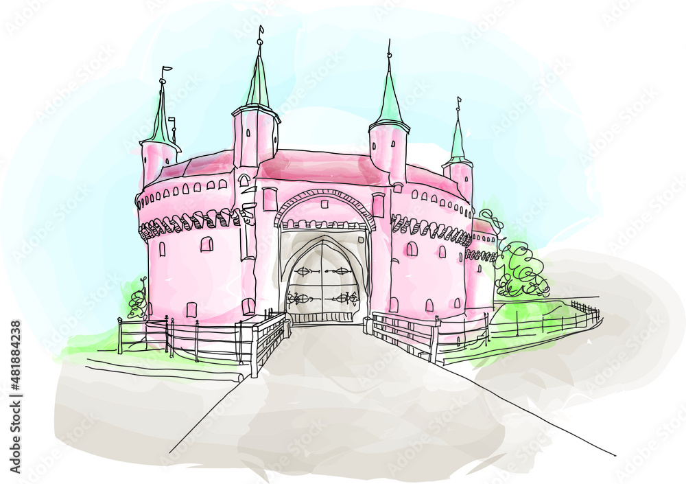 Cracow barbican - medieval fortifcation at city walls, Poland watercolor, vector illustration for travel magazine, poster, calendar, social media