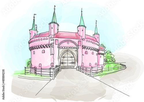 Obraz na płótnie Cracow barbican - medieval fortifcation at city walls, Poland watercolor, vector illustration for travel magazine, poster, calendar, social media w salonie