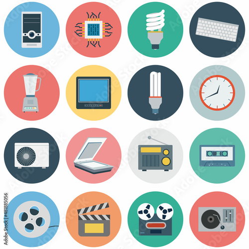 Electronics flat icons. usb and computer, camera and battery loudspeaker and speaker, vector illustration for web and mobile application