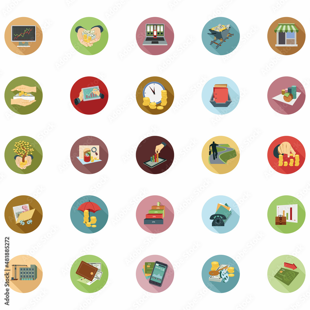 Modern flat icon vector illustration design with long shadow style elements of financial services, business management symbol, banking and money objects. Isolated on white background. Modern flat icon vector illustration design with long shadow style elements of financial services, business management symbol, banking and money objects. Isolated on white background.