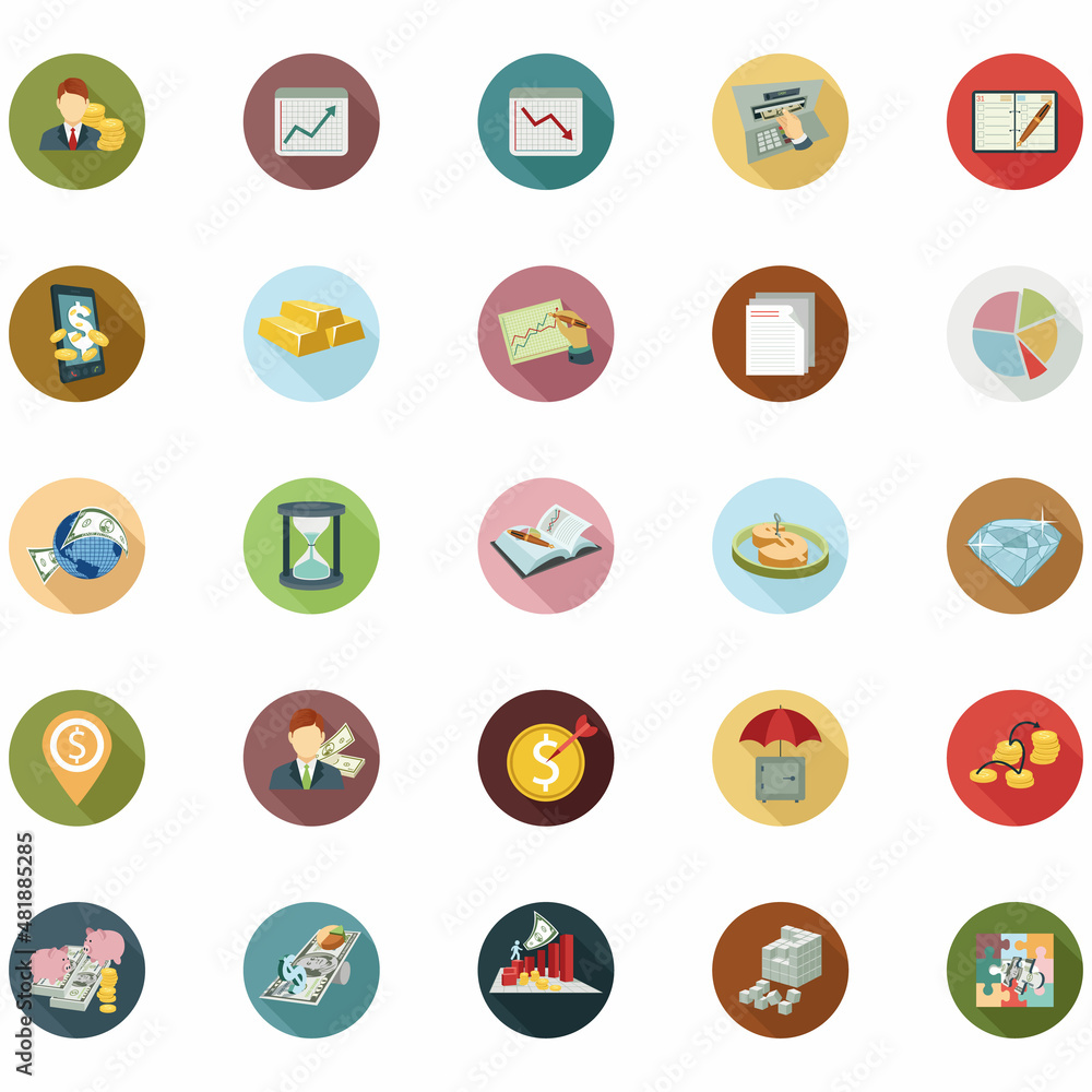 Modern flat icon vector illustration design with long shadow style elements of financial services, business management symbol, banking and money objects. Isolated on white background. Modern flat icon vector illustration design with long shadow style elements of financial services, business management symbol, banking and money objects. Isolated on white background.