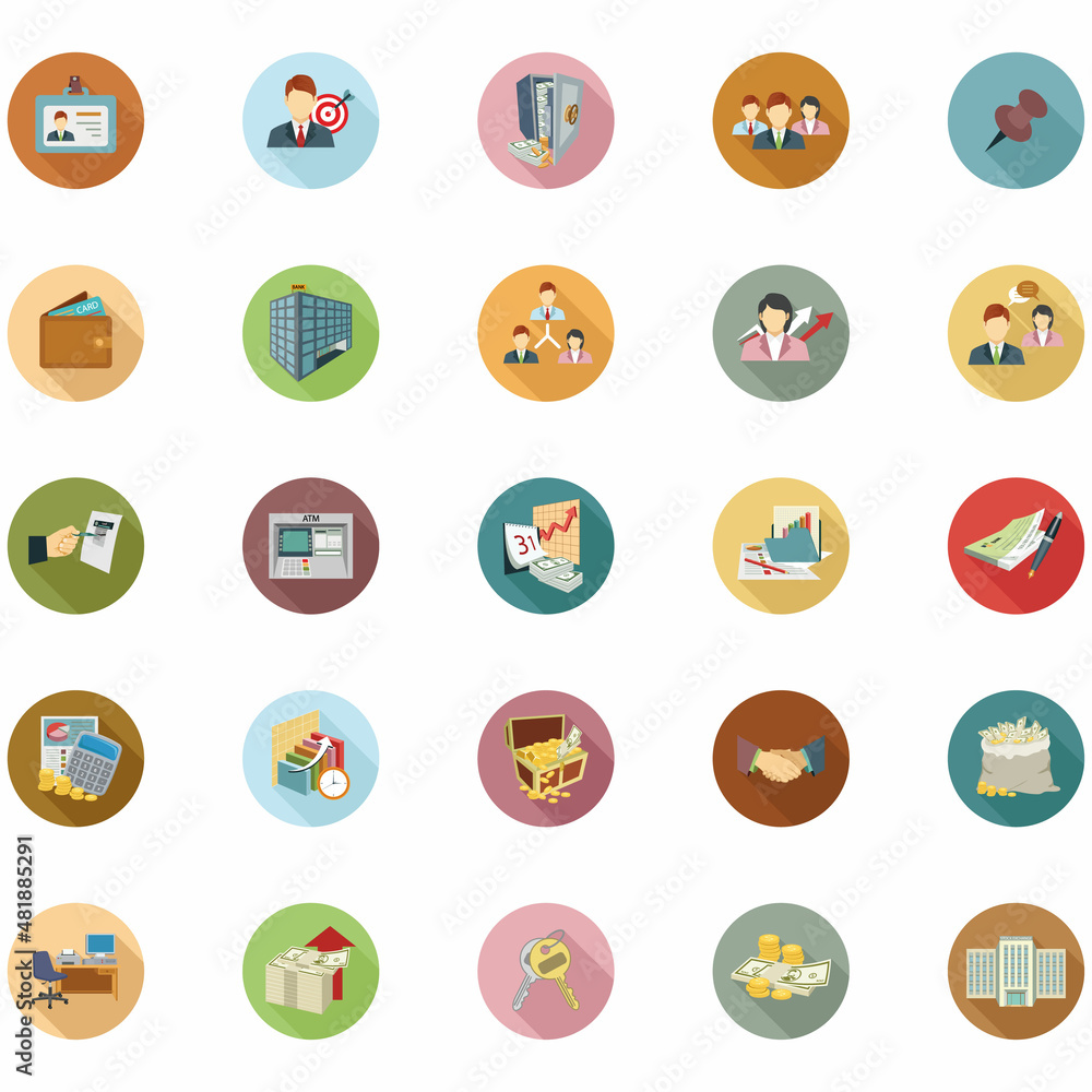 Modern flat icon vector illustration design with long shadow style elements of financial services, business management symbol, banking and money objects. Isolated on white background. Modern flat icon vector illustration design with long shadow style elements of financial services, business management symbol, banking and money objects. Isolated on white background.